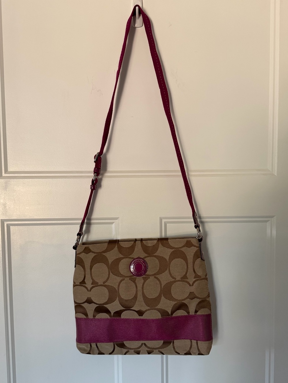 Coach Tan Signature Canvas Crossbody with Pink Trim